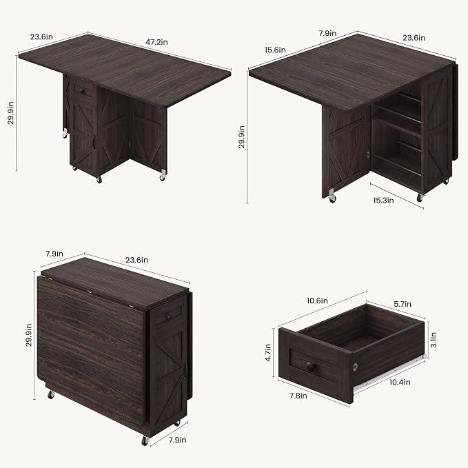 Space Saving Folding Dining Table for 2-4, Farmhouse Foldable Dining Table with Drawer and Storage Shelf, 6 Wheels Drop Leaf Kitchen Dining Room Table for Small Space (Walnut 47.2" x 23.6" x 29.5") - Image 2