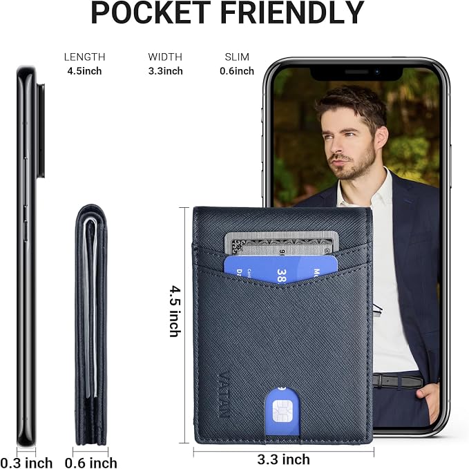 VATAN Wallet for Men Slim RFID Blocking Leather Credit Card Holder Wallet for 15 Cards, Bifold Minimalist Thin Wallet with 2 ID Windows & Cash Slot, With Gift Box (Cross Grain Deep Blue) - Image 4