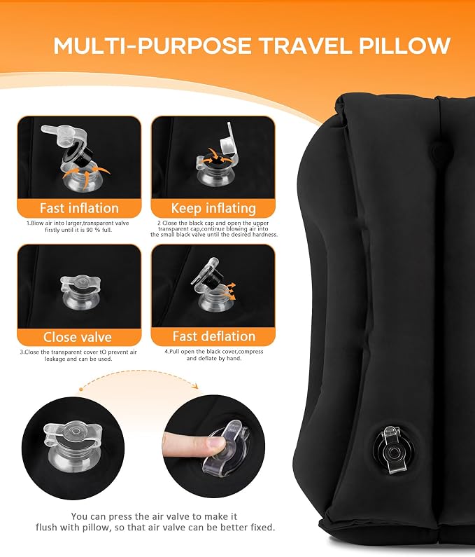 Sunany Travel Pillow, Upgraded Plane Pillow for Long Flights, Inflatable Neck Pillow Used for Airplanes,Cars,Buses,Trains,Office Napping with Eye Mask,Earplugs (Black) - Image 6