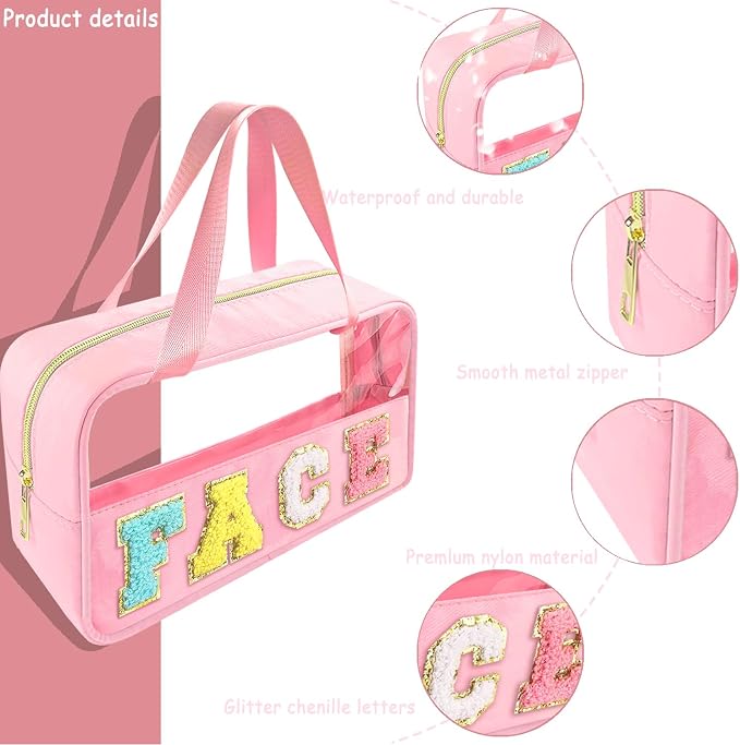 Bunliuys Chenille Letter Clear Makeup Bag Face Patch, Travel Toiletry Makeup Bag with Handle, Nylon Waterproof Makeup Bags clear cosmetic bag, preppy patch makeup bag for Women (FACE-Pink) - Image 3