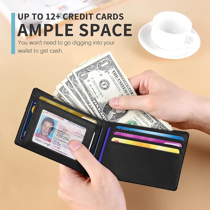 RUNBOX Wallet for Men, Slim Leather Bifold, RFID Blocking Card Holder | Minimalist Front Pocket Design, Credit Card Organizer, Holds 11 Cards, Large Capacity, Thin Profile, Birthday Gifts for Men - Image 2