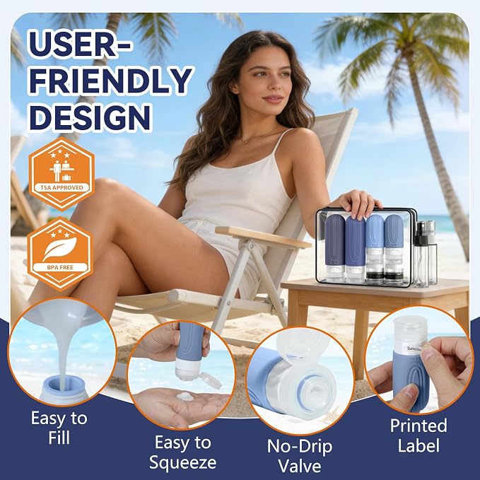 Travel Bottles for Toiletries 10 Pack, TSA Approved Travel Size Toiletries Essentials Containers Set, Leak Proof Silicone Bottles Kit, Refillable Liquid & Creams Accessories (BLUE) - Image 4