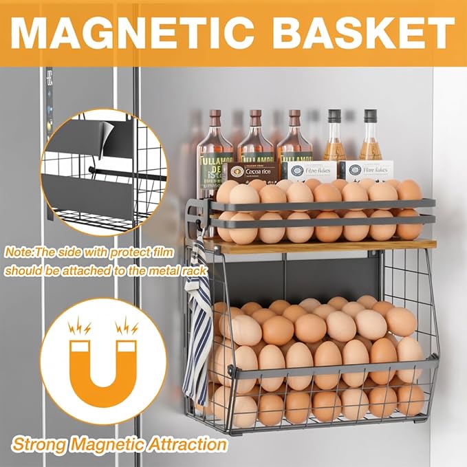 Magnetic Shelf for Fridge with Wood Lid, Large Capacity Magnetic Spice Rack for Refrigerator Kitchen Storage Bin for Fruit, Onion, Potatoes, Storage Organizer for Counter & Cabinet, Wire Basket - Image 3
