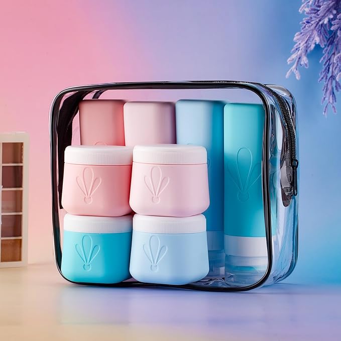 INSFIT travel bottles for toiletries 8 Pack, Leak proof Travel Size Toiletries Containers with toiletry bag, Squeezable Silicone Bottles & Cream Jars, Travel Essentials BPA-Free kit for Shampoo - Image 6