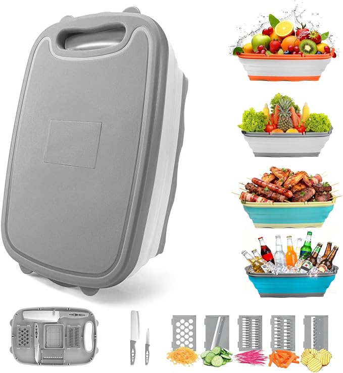 Gintan Camping Cutting Board, 9-in-1 Collapsible Chopping Board with Colander, Outdoor-Kitchen Vegetable Washing Basket for Campers, Camping Gifts Camping Accessories for RV Campers (Gray) by Gintan