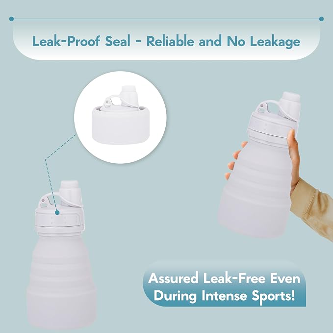 Collapsible Water Bottles 17oz, Odorless BPA-Free Silicone, Leak-Proof Foldable Reusable Bottle - Perfect for Travel Sports Gym Hiking Camping Cycling - Water Gray - Image 4