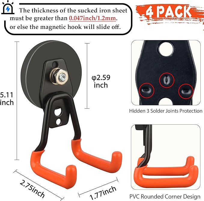 ULIBERMAGNET New Upgraded Heavy Duty Magnetic Garage Hooks,4 Pack Strong Large Magnet Hooks for Power Drill,Garden Tools,Hose,Pegboard,Garage, Workshop,Magnetic Storage Hook for Hanging(Orange) - Image 3