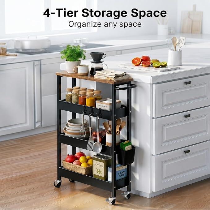 4 Tier Slim Rolling Storage Cart with Wheels for Between Washer and Dryer | Metal Narrow Kitchen Cabinet, Laundry Room Organization and Storage Shelf, 8In Skinny Detergent Organizer for Small Space - Image 7