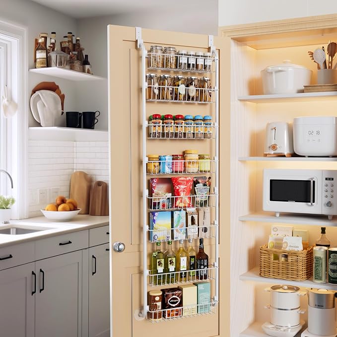 Delamu Over The Door Pantry Organizer, 8-Tier Metal Pantry Door Organization and Storage for Easy Install, Hanging Spice Rack Seasoning Shelves, Door Organizer for Kitchen, 4.65"D x 18"W x 65"H, White - Image 6
