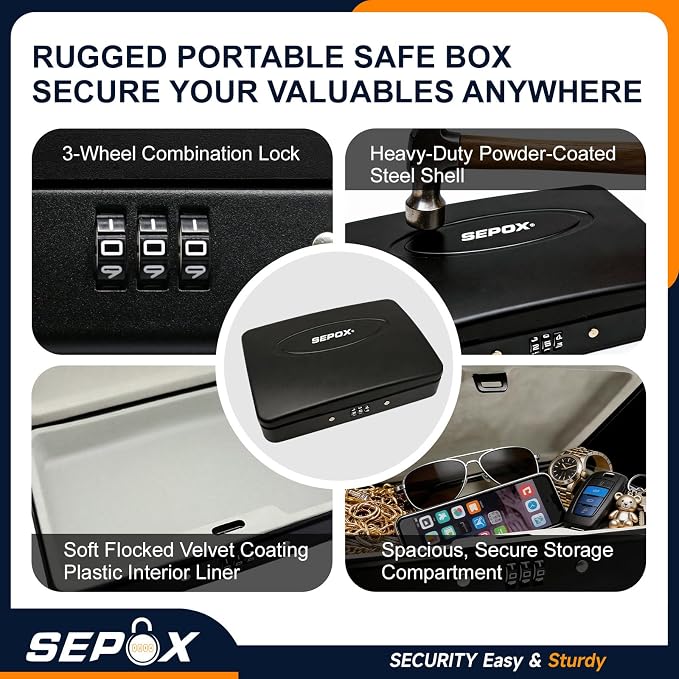 SEPOX® Portable Heavy Duty Steel Lock Box 8.1x5.7in 3ft Cable Combo Safe | For Travel Hotel Office Dorm Compact Steel Alloy Lock Box 3-Digit Code 3ft Steel Cable Secures Cash Passport Jewelry Small - Image 5