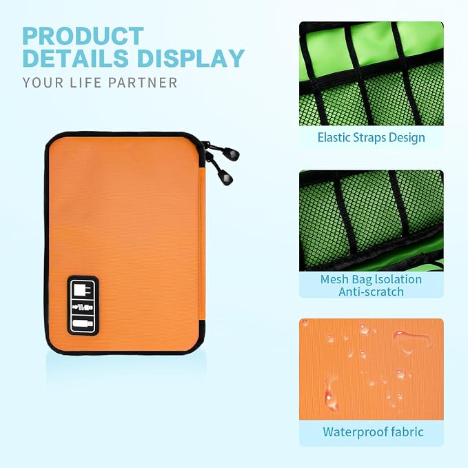Lcsmaokin Electronics Travel Organizer,Portable Waterproof Electronic Travel Storage Bag for Small Charging Cord Storage,Charger,SD Card etc,for Travel,Business-Orange Green - Image 4