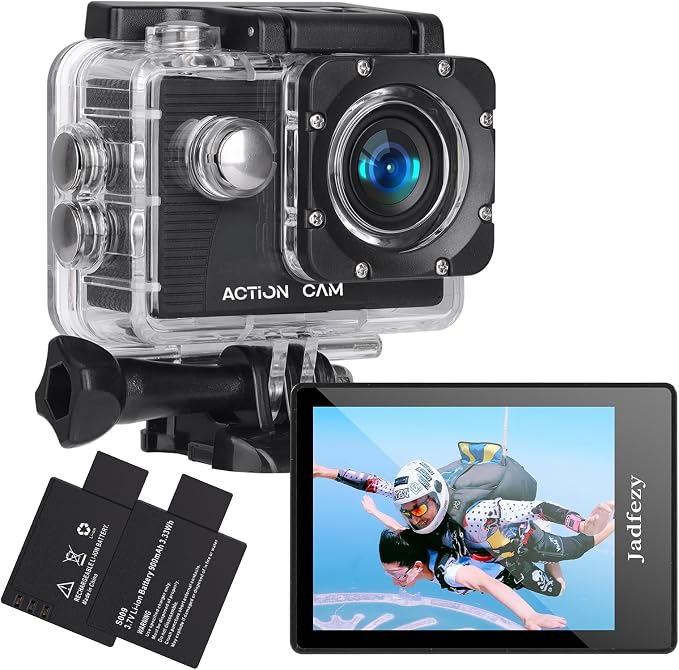 Action Camera FHD 1080P 12MP, 98FT/30M Underwater Waterproof Camera with 2 Batteries, Wide Angle Sports Camera with Accessories Kit Suitable for Helmet, Bicycle, etc. by Jadfezy