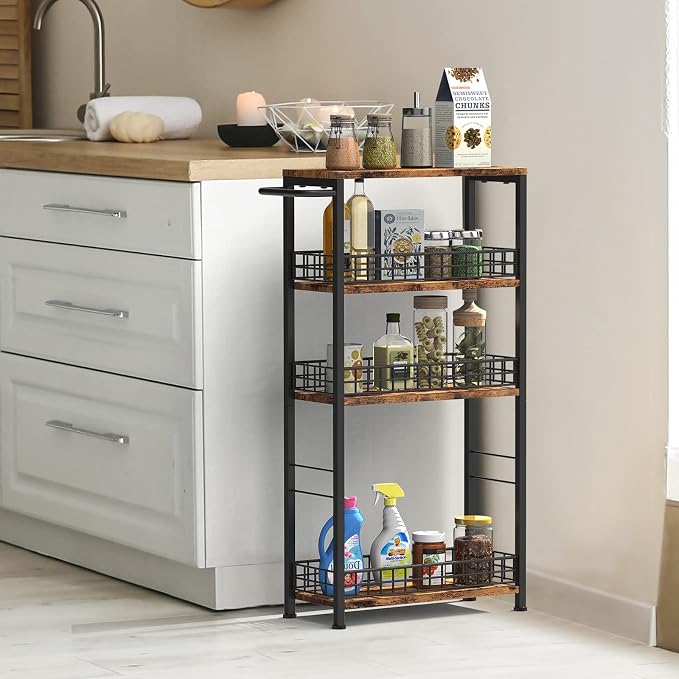 NOVIMANGO Slim Storage Cart Narrow Laundry Cart 4 Tier, Black | Rolling Kitchen Cart with Wheels, Narrow Bathroom Cart, with Handle for Small Spaces, with Wood Tabletop - Image 6