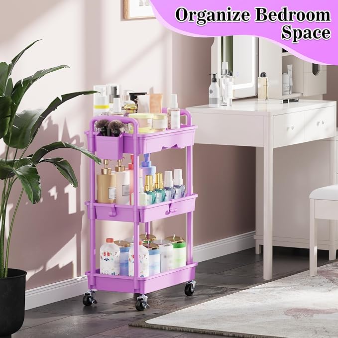 SUNALLY 3 Tier Rolling Cart with Drawer,Craft Storage Cart Organizer,Purple | Bathroom Storage Organizer with 2 Lockable Wheels, Rolling Utility Cart for Kitchen, Office, Baby, Makeup, Nail,Snack,Laundry - Image 7