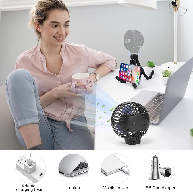 Portable Stroller Fan USB Clip on Fan Rechargeable Small Personal Mini with Removable Flexible Tripod 3 Speed 360° Rotate Can Handheld and Desk for Stroller Car Seat Crib Travel Outdoor (Black-1) - Image 8