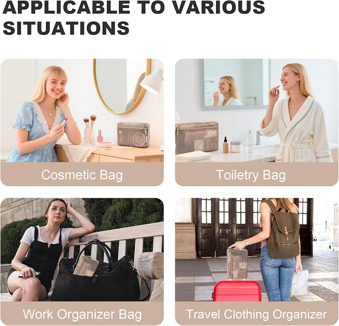 NOL 3-Pack Mesh Travel Toiletry Bags - Clear Zipper Travel Organizer, Airport Carry-On Compliant Reusable Cosmetic Makeup Bag for Women & Men (Khaki) - Image 4