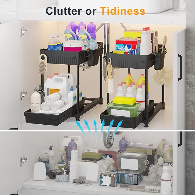 2-Pack 2-Tier Under Sink Organizers with Sliding Drawers | Multi-use kitchen & bathroom storage, 12.85 inch black cabinet organizer, space-saving sliding drawer design. - Image 2