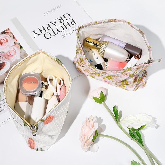 SOIDRAM 2 Pieces Flower Makeup Bag Large Floral Cosmetic Bag Capacity Canvas Travel Toiletry Bag Organizer Cute Makeup Brushes Aesthetic Accessories Storage Bag for Women, Embossed flower L White Pink - Image 4