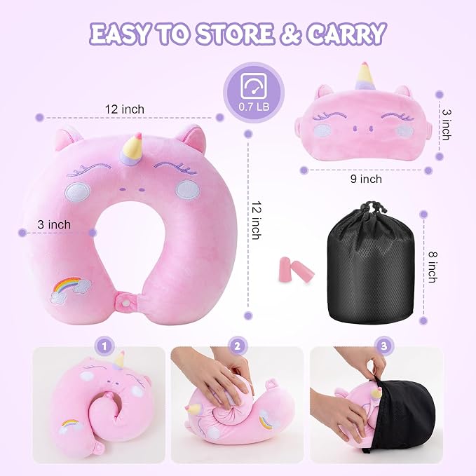 Cirorld Travel Pillow for Kids Adult Cute Neck Pillow for Traveling Memory Foam Airplane Pillow Sleep Mask Animal Flight Pillow Head Rest Neck Support for Cars Long Flights (Pink, 9-12 Y/O) - Image 8