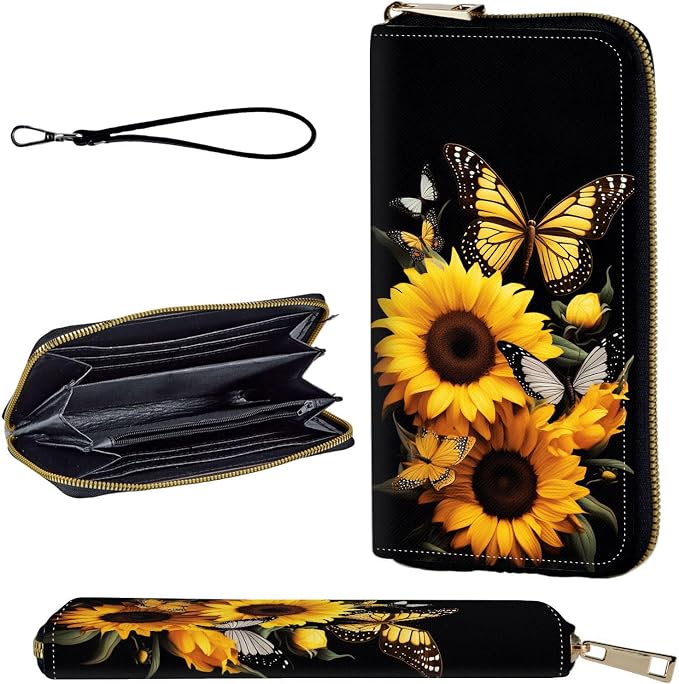 Wallet,Leather Long Wallet Suitable For Ladies And Teenagers - Detachable Wristband + RFID Travel Wallet With Card Slot - Sunflower Butterfly by Unknown