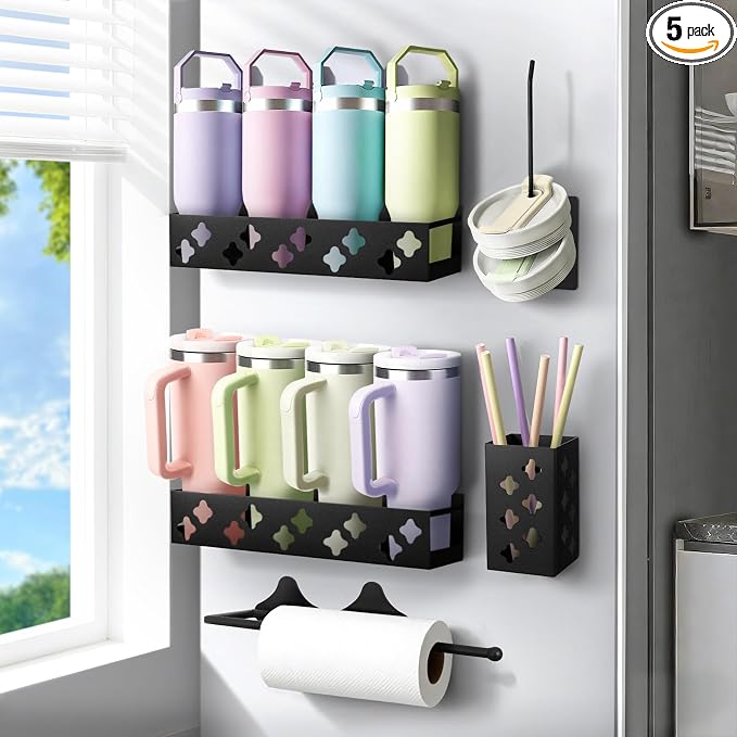 Magnetic Water Bottle Organizer for Fridge, Cup Holder for Stanley 30 40 Oz with Tumbler Lid & Straw & Paper Towel Holder, 8 Tumblers Kitchen Storage Rack for Stanley Cup Accessories, Space-Saving by linidcoudhome