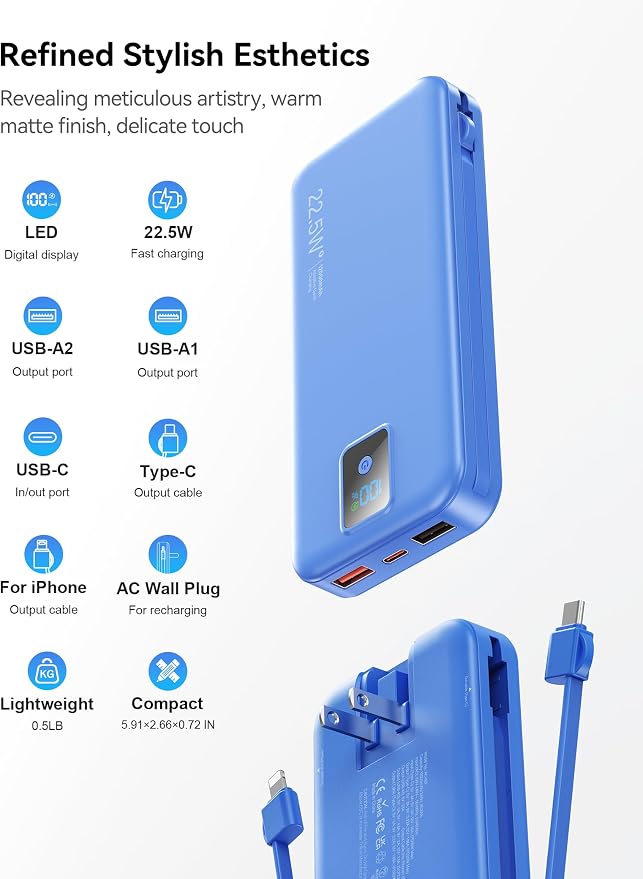 Portable Charger 12000mAh 22.5W w/Built-in Cable & Wall Plug Navy | 22.5W fast charging, LED display, Charging 5 devices at once, Pass through charging, TSA approved, Compatible with iPhone - Image 6