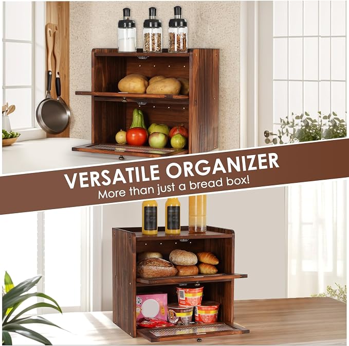 Sunhoo Bread Box for Kitchen Countertop Wooden Bread Storage Container Bin 2 Layer Breadbox Holder Large Capacity Keeper Vintage Farmhouse Food Organizer Pantry Shelf Acrylic Window (Brown) - Image 6