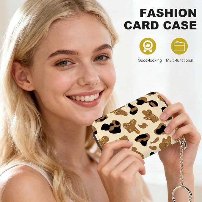 Credit Card Holder for Women,Small Rfid Wallet with Keychain Zipper,Cute PU Leather Card Case Wallet，Accordion Credit Card Wallets Gift,Brown Leopard Print - Image 6