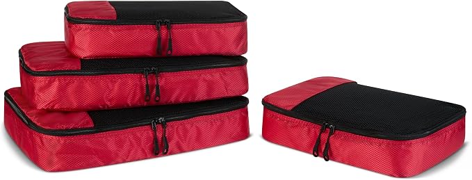 Amazon Essentials 4-Piece Packing Cubes Travel Accessories Set, Luggage Organizer with Double Zipper, Mesh Top, Space-Saving, 2 Medium/2 Large, Red (Previously Amazon Basics) by AmazonEssentials