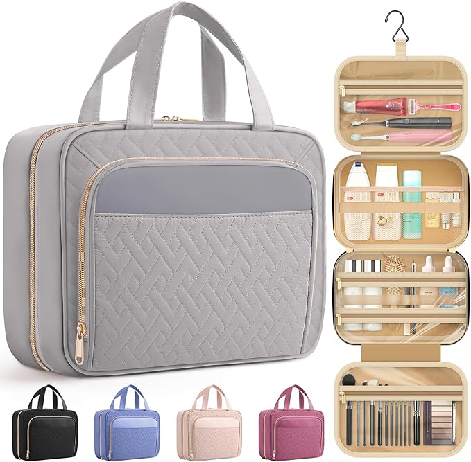 HOTOR Hanging Travel Toiletry Bag Women Men, Grey, Medium | Waterproof Makeup Bag Hanging Hook,Multiple Pockets,Travel Essentials,11.2 x 3.2 x 8.9inches by HOTOR