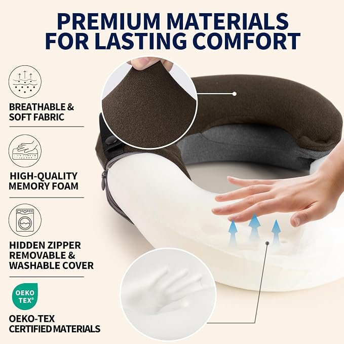 Kids Travel Pillows for Airplane, Memory Foam 360° Head Support Sleeping Essentials for Boys Long Flight, Skin-Friendly Soft Neck Pillow for Traveling in Car Seat, (Small, Brown Grey, 40-90 lbs) - Image 4