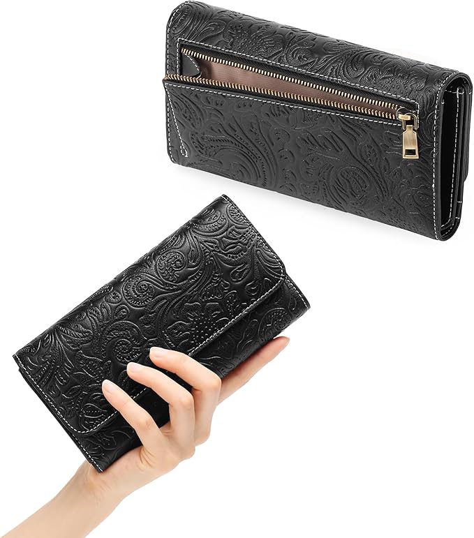 GOIACII Leather Wallets for Women RFID Blocking Western Clutch Black | Embossed Design, Trifold, Large Billfolds, Vintage Flower, Ladies Purses with Zipper Coin Pocket - Image 3