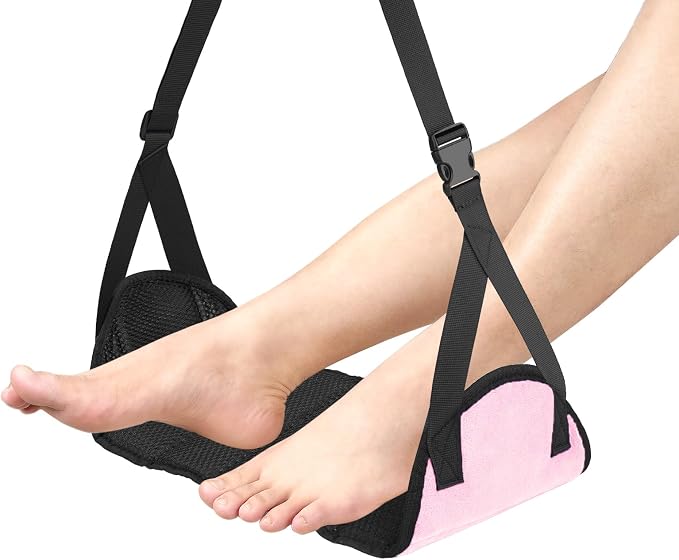 Airplane Foot Rest (Travel Comfortably), Pink Nylon Foot Hammock with Adjustable Metal Frame, Perfect for Airplane, Train, or Office Use by Foalgo