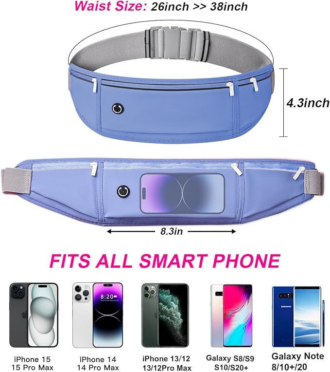 Slim Running Belt for Women Men,Runners Fanny Pack Phone Holder,Money Belt,Running Gear Accessories,with 3 Pockets.(Blue) - Image 3