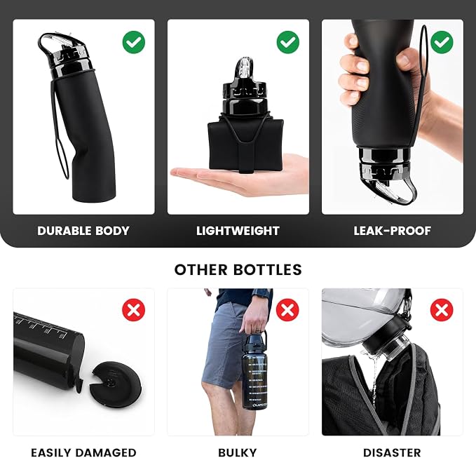 Collapsible Water Bottles 20oz, Foldable Travel Bottle, Leak Proof Lid Running water bottle Reusable BPA Free Silicone for Hiking, Camping, Sports & Outdoors Black - Image 2