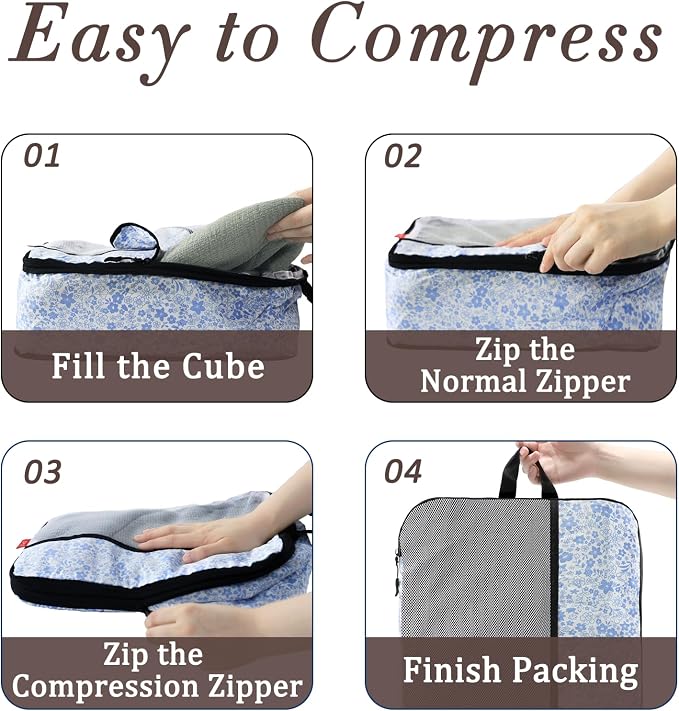 U+U 6 Set Compression Packing Cubes, Travel Organizers (Blue Flower) | Space-Saving & Drawstring Bag Included - Image 4