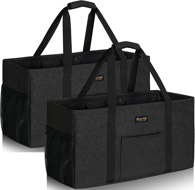 GhvyenntteS Extra Large Utility Tote Bag 2 Pack - Stand Up Utility Tote with Metal Wire Frame & Hard Bottom Board, Reusable Grocery Bags With Handles for Storage, Picnics, Beach, Laundry, Car, Camping by GhvyenntteS