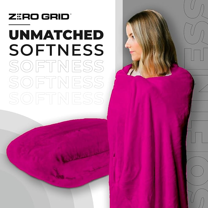 Zero Grid Lightweight Airplane & Travel Blanket with Foot Pockets, Hot Pink | Compact Wearable Blanket with Neck Snaps, Zips & Converts to Soft Pillow for Ultimate Comfort - Image 3