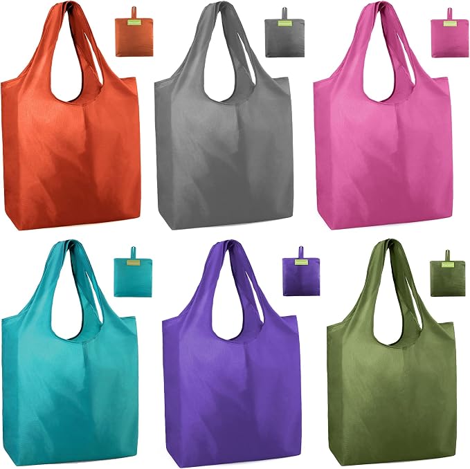 BeeGreen Reusable Shopping Bags Cute Grocery Bag 6 Pack, Reusable Gift Bags Heavy-Duty Foldable Shopping Totes for Supermarket, Work & Travel, Large Washable Polyester Tote Bag with Handles by BeeGreen