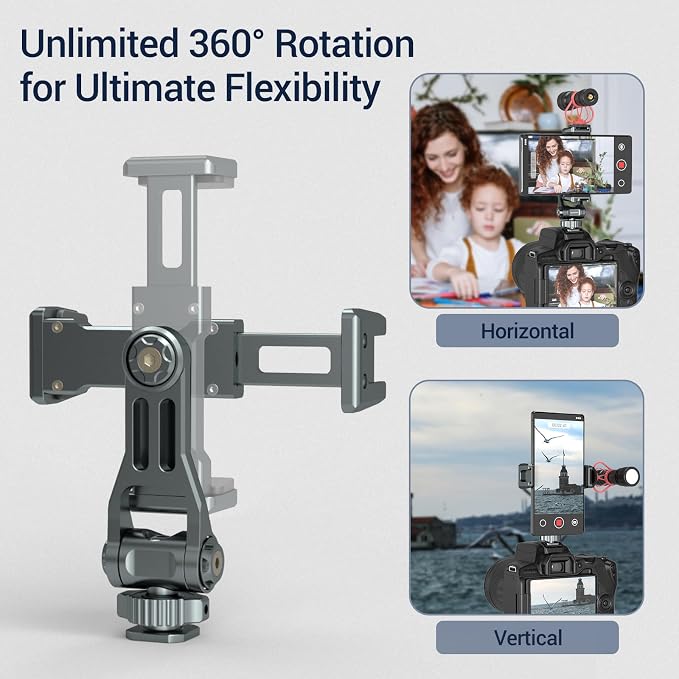 Aluminum Phone Mount for Camera Hot Shoe | 360° Adjustable Smartphone Holder with 2 Cold Shoe Mounts | Universal Compatible with iPhone 15/Sony/Canon/DJI Ronin Gimbals- Vlogging Accessories - Image 3
