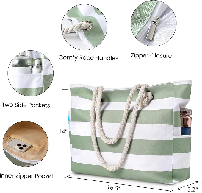 Clothirily Beach Bag for Women, Large Beach Tote Bag Waterproof with Zipper | Large Capacity Swim Pool Bag, Inner Pockets, Sandproof Foldable Beach Tote for Travel Essentials - Image 3
