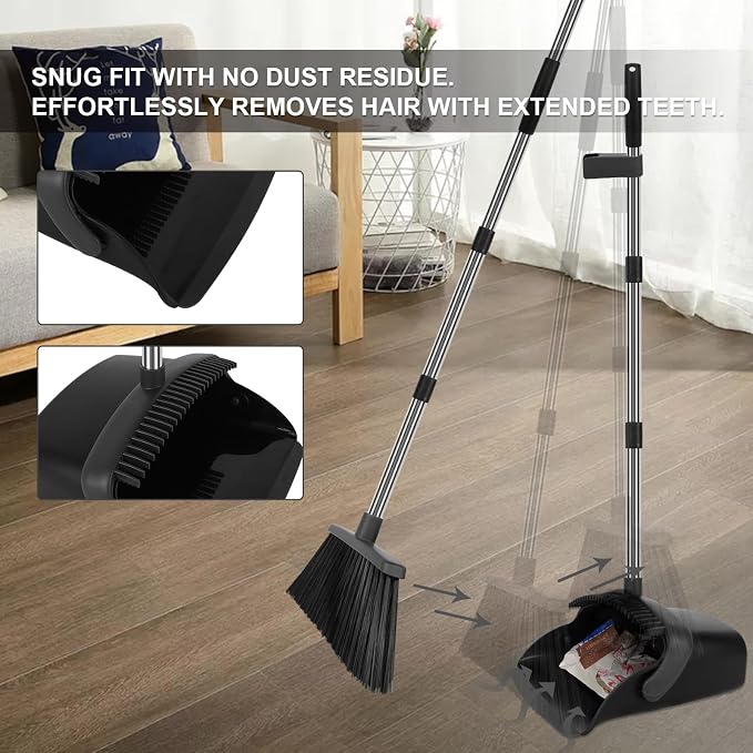 Black Broom and Dustpan Combo Set, 55" Long Handle Broom | Large Area Outdoor Cleaning, Extended Reach Design, Built-in Comb Dustpan, Foldable Storage for Garage, Patio & Home - Image 7