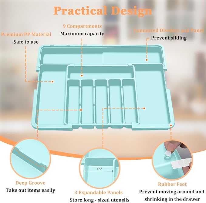Silverware Organizer Expandable Kitchen Utensil Drawer Organizer Large BPA Free Adjustable Cutlery Silverware Tray for Spoons Forks Knives Storage Divider for Kitchen Flatware 6-9 Slots Turquoise - Image 6