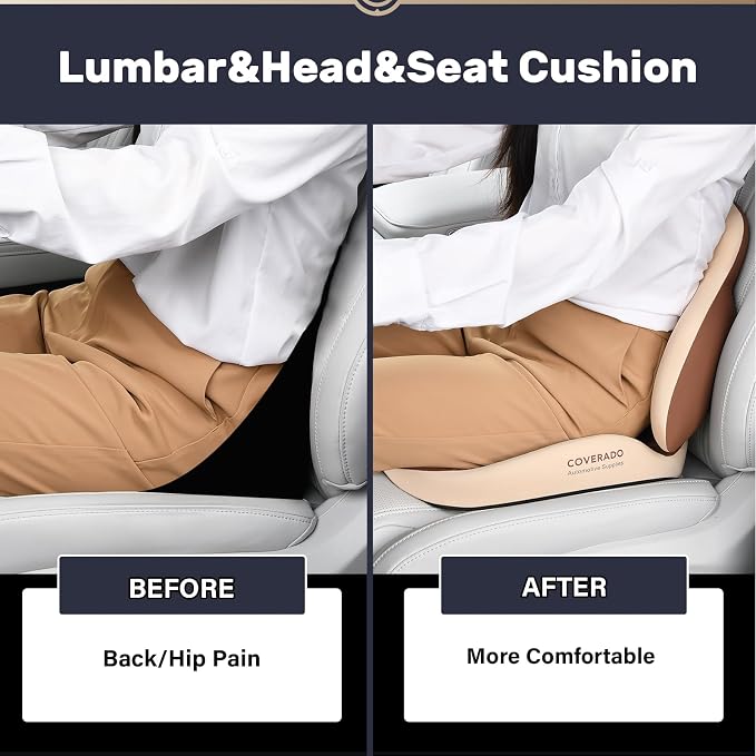 Coverado Car Seat Cushion and Lumbar Support with Headrest Pillow Memory Foam Ergonomic Back Support Driving Seat Cushion Neck Head Pillow, Back Pain Relief, Cushion for Car Driver Office - Image 4