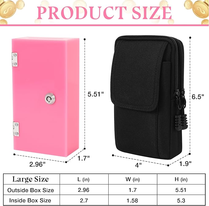Extra Large Pink Acrylic Box Winners Bank with 2 Keys, Slot, Storage Waist Bag, Portable Casino Cash Money Lock Box Safe for Gamblers, 1Pack - Image 2