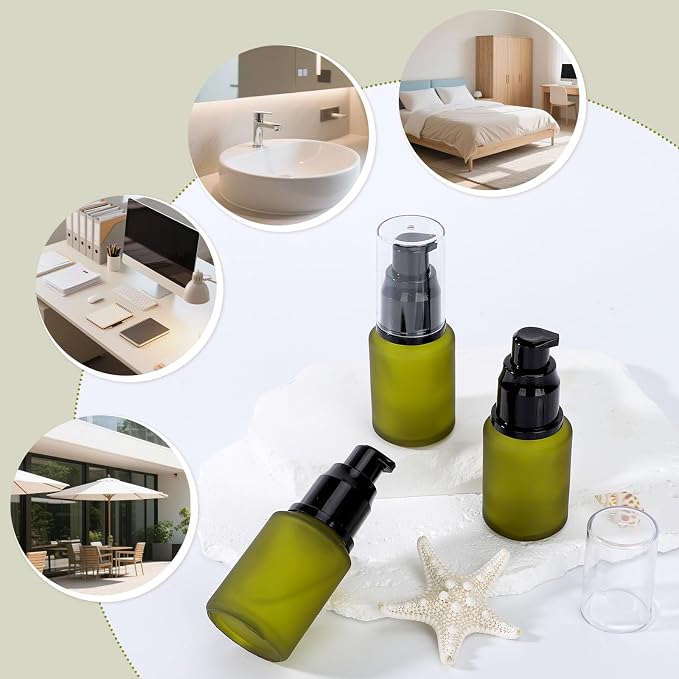Segbeauty 1oz Frosted Glass Empty Travel Size Bottles for Creams, 3pcs Refillable Lotion Pump Bottle Dispenser, 30ml Liquid Travel Containers, Green Mini Lotion Container Foundation Pump Dispensers - Image 6
