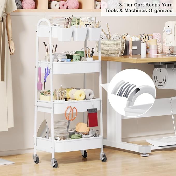 White 4 Tier Rolling Cart Metal with Wheels,Heavy Duty Utility Storage Cart | Four Tiered Roller Shelf Carts Organizer on Wheels for Kitchen, Book, Snack, Craft, Art, Dorm,Large Capacity Basket,38in Tall - Image 5