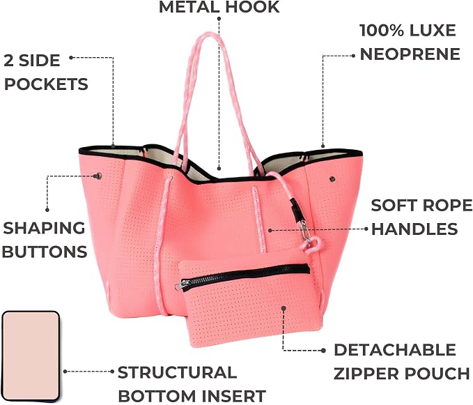 POPUPS Large Neoprene Tote Bag for Women - Everyday Designer Handbag for Travel Work and Beach with Pockets and Zipper Pouch - Image 6