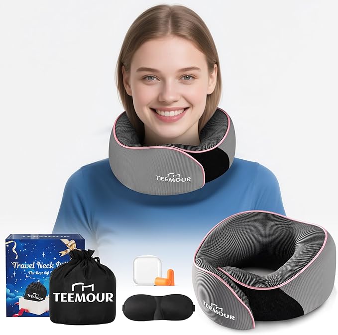 Teemour Travel Neck Pillow Airplane- Upgraded Memory Foam Neck Pillow for Airplanes 360° Support Desing, with Eye Mask & Earplugs, Portable Carry Bag for Long Flights, Business Trip|Travel Essentials by Teemour