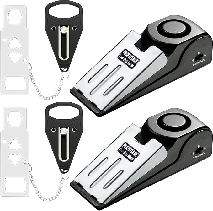 Portable Door Lock + Door Stop Alarm Set – Travel Safety Kit for Hotel Rooms, Home, Dorms & Apartments – (Black, 2-Pack - 2 Locks + 2 Alarms) by PocketLock